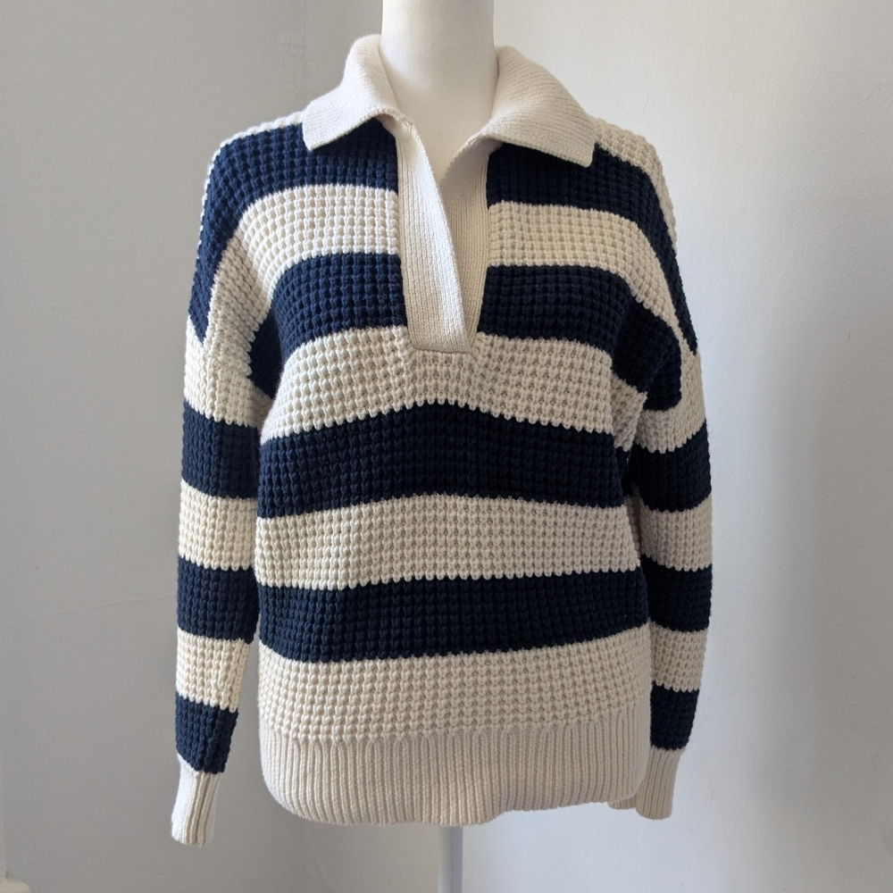 Madewell Waffle-Knit Henley Sweater Navy And Antique Cream Stripes Size XS